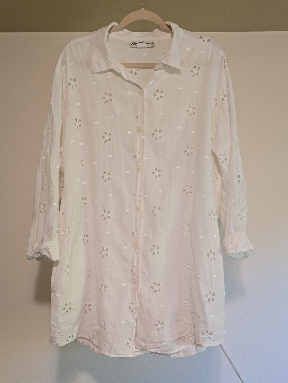 Norm Thompson Womens White Eyelet Button-Down Tunic Dress